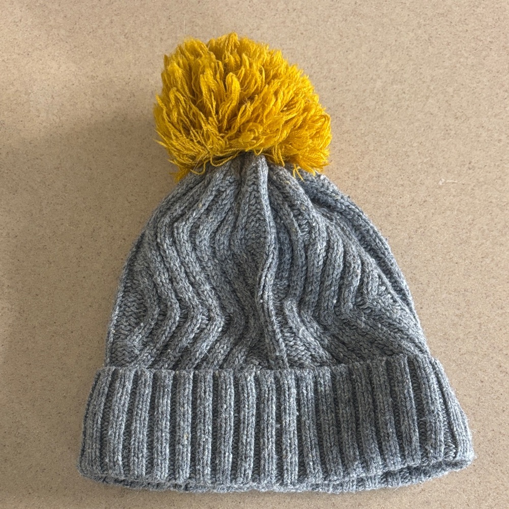 Gray Knit mustard yellow Pom-Pom Beanie